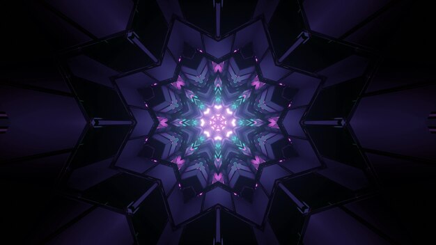 3D illustration of symmetric geometric pattern with colorful lights glowing in darkness