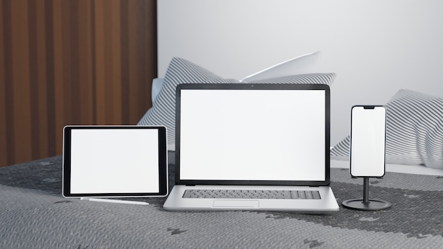 3 Dイラスト。朝の時間にベッドの上の白い画面を持つタブレット、ラップトップ、スマートフォンデバイス。在宅勤務のコンセプト