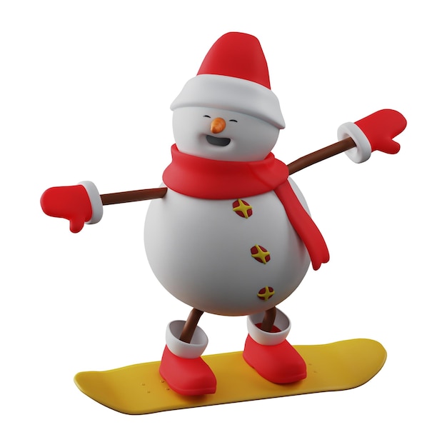 3D illustration Talented 3D Snowman Cartoon Character standing on skateboard with both arms open