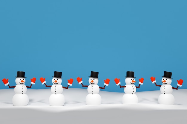 3d illustration team of merry christmas snowmen