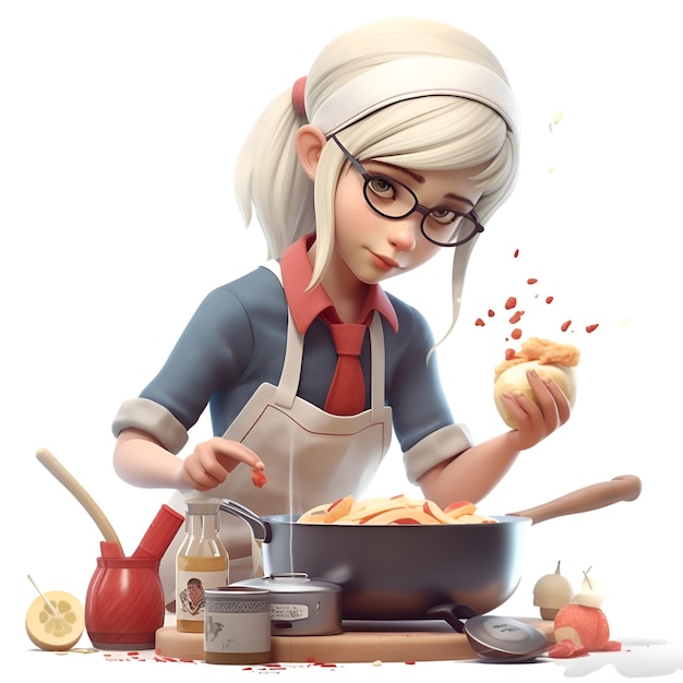 3D Illustration of a Teenage Girl Cooking in the Kitchen