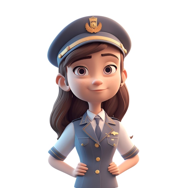 3D Illustration of a Teenage Police Girl with a Serious Expression