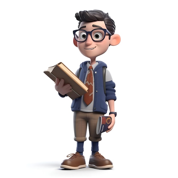 3D illustration of a teenager with glasses and a book in his hands