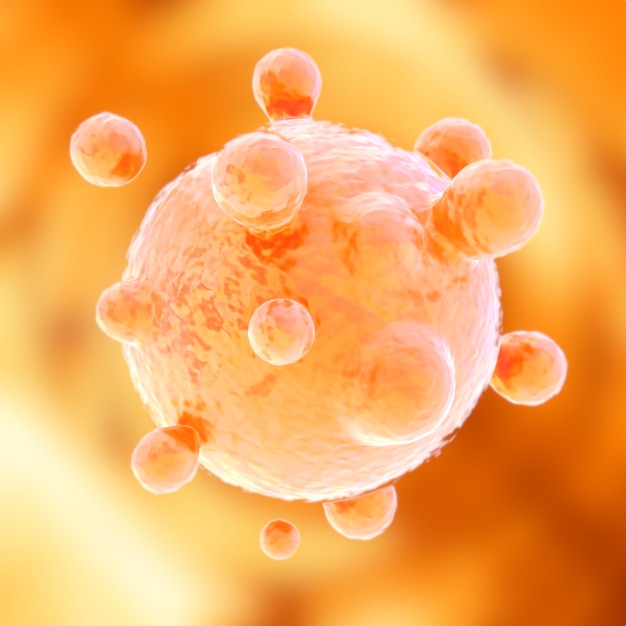 3d illustration of textured orange virus surrounded by smaller spheres on defocused spotted yellow a