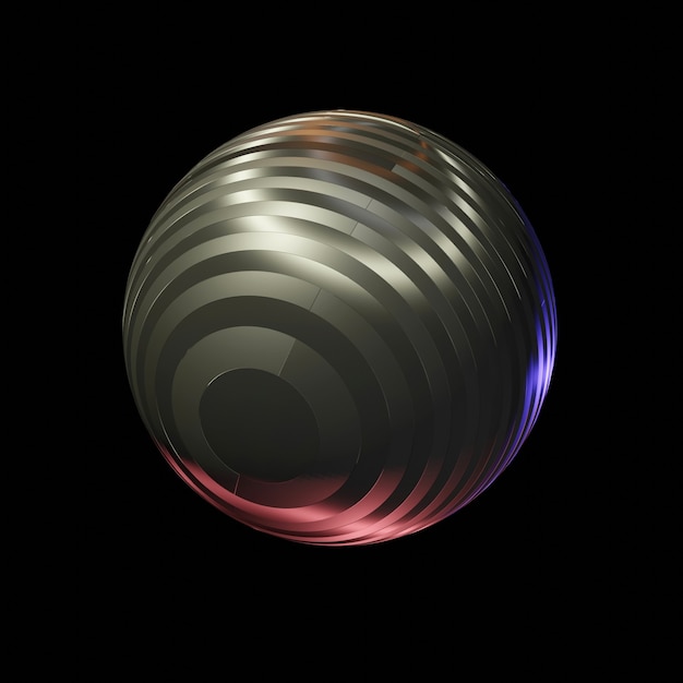 3d illustration of textured shiny striped metallic sphere with colorful luminous reflections isolate