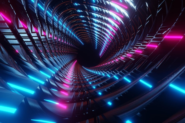 3d illustration of textured spiral black tunnel with blur white blue and pink lights