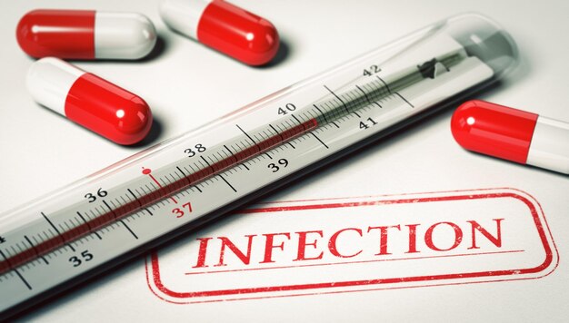 Foto illustrazione 3d di un termometro e di una pillola con la parola infezione. concetto di malattia.