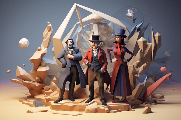 風車を背景にした船の前にいる 3 人の人物の 3D イラスト。