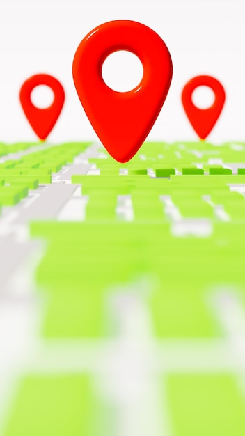 Photo 3d illustration of three red location icons on green city map routes and gps usage theme