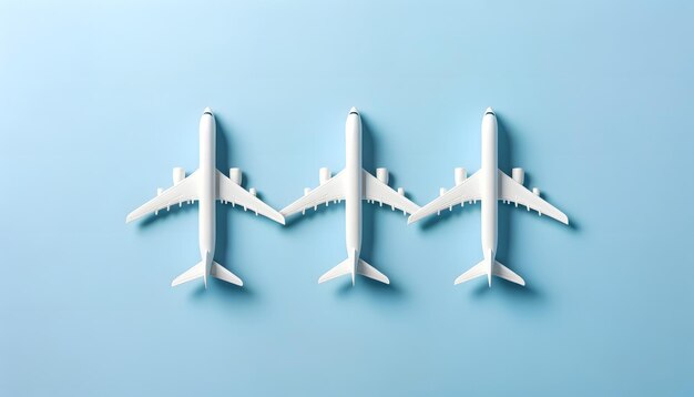 Foto illustrazione 3d di tre aerei bianchi che scivolano su uno sfondo azzurro