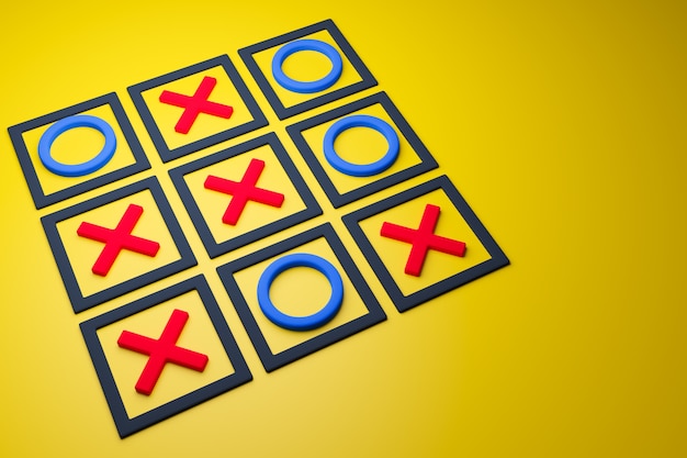 Photo 3d illustration of a tic-tac-toe game with no winning side in cartoon style on a yellow background. game and draw illustration.