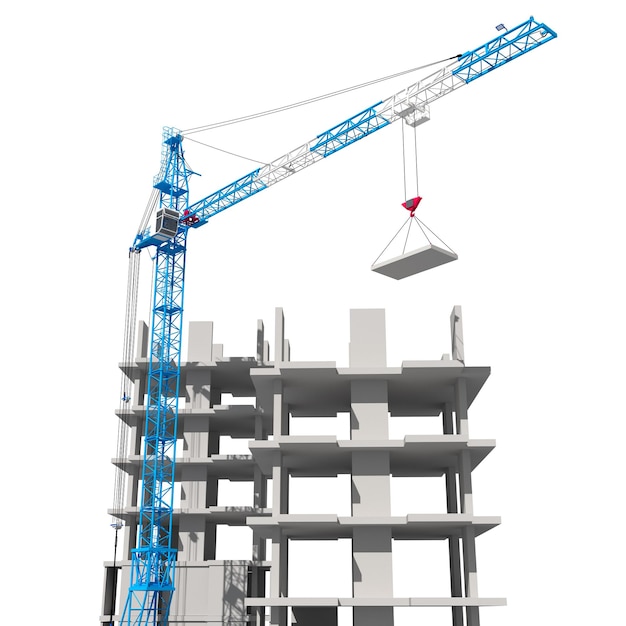 3d illustration of a tower crane building a multistorey building in perspective Isolate