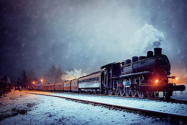 3d illustration of train move with lighting the way with bright headlights in the winter