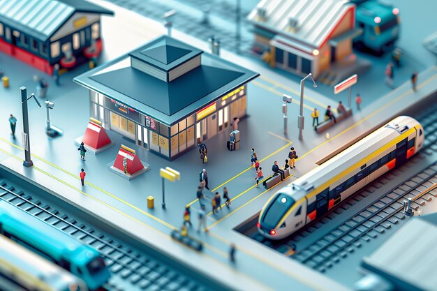 鉄道駅の3Dイラスト ボケスタイルの背景