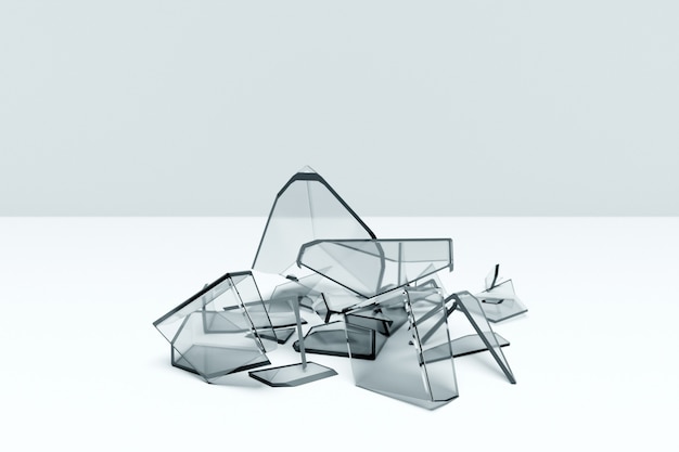 3d illustration of a transparent broken cube with huge shards on a white background. The geometry of shapes that are broken down into small pieces. Random shapes.