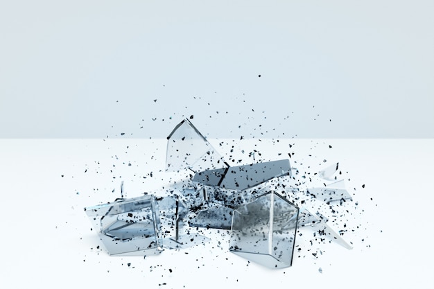 3d illustration of a transparent broken cube with huge shards
on a white background. the geometry of shapes that are broken down
into small pieces. random shapes.