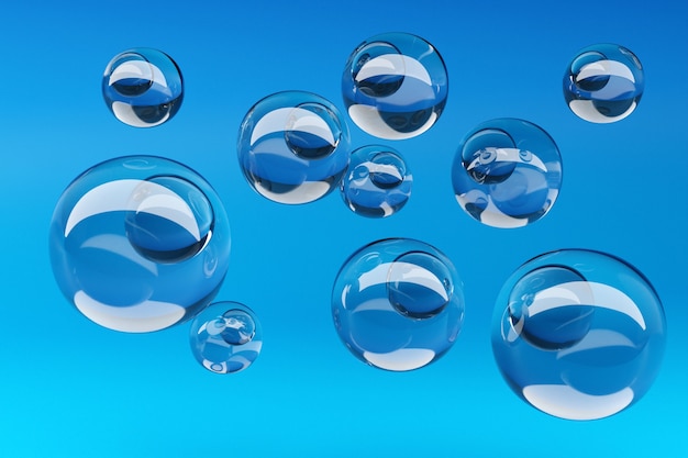 Photo 3d illustration of a transparent metaball with a huge number of parts on a blue background.