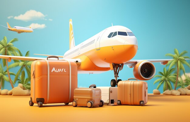 3d illustration of travel concept with airplane and luggage on orange background