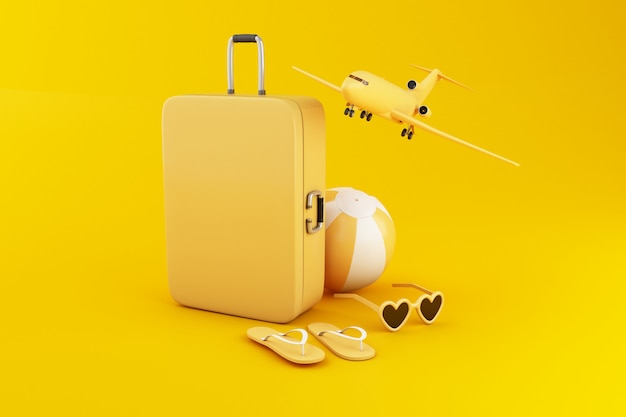 3d illustration. Travel suitcase, beach ball, flip flops and sunglasses, on yellow background. 