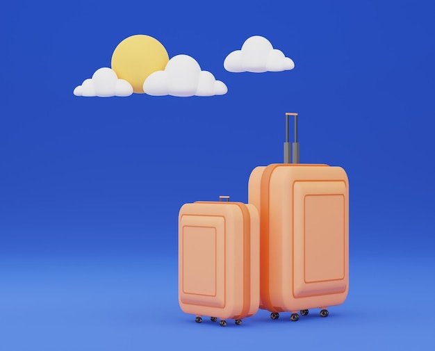 3D illustration of traveler equipment Suitcase or luggage on blue background