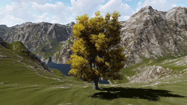 산의 배경에 나무의 3D 그림 3D 렌더링