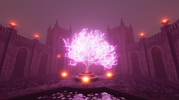 3d illustration tree glow in the mist in the middle of the castle