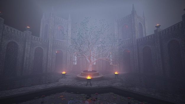 3d illustration trees in the mist in the middle of the castle
