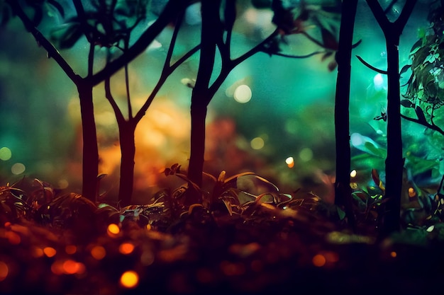 밤에 열대 신비하고 신비로운 숲의 3d 그림