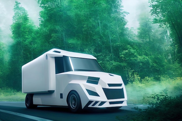 3d illustration of truck driving on a country road at evening\
cloudy fog