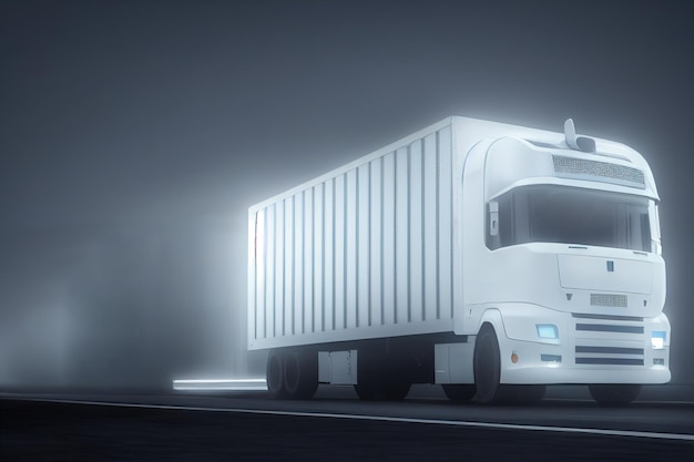 3d illustration of truck driving on a country road at evening\
cloudy fog