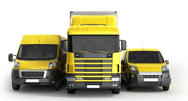 3D illustration of a truck a van and a lorry against a white background