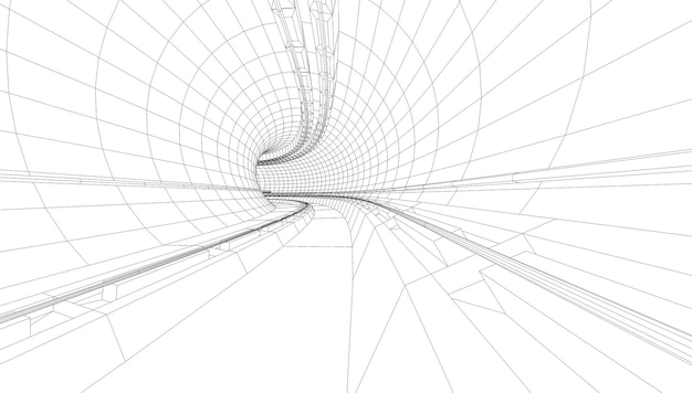 Photo 3d illustration of tunnel blueprint.train in a metro station illustrated in wire frame style.