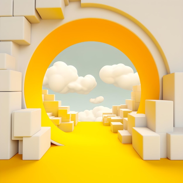 A 3d illustration of a tunnel with a sky and clouds in the background.