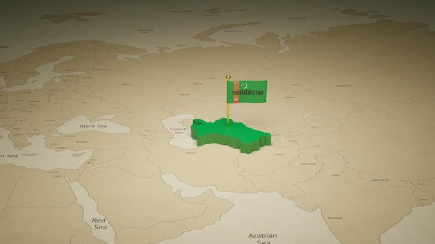 3d illustration of Turkmenistan map with flag on the world map