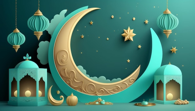 A 3D illustration of a turquoisecolored Islamic festival themed product display featuring a crescent moon and Islamic decorations