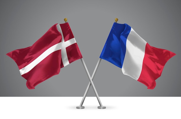 3D illustration of Two Crossed Flags of France and Denmark