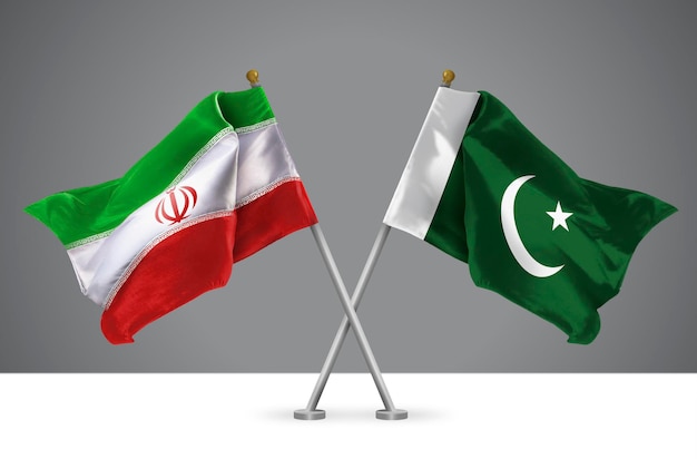 3D illustration of Two Crossed Flags of Iran and Pakistan