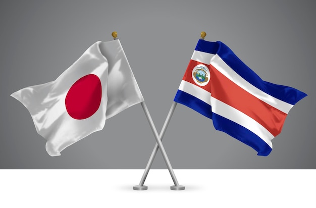 日本とコスタリカの 2 つの交差した旗の 3 D イラストレーション