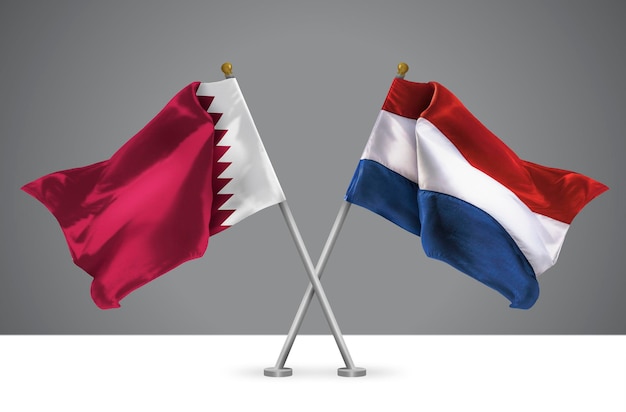 3D illustration of Two Crossed Flags of Netherlands and Qatar