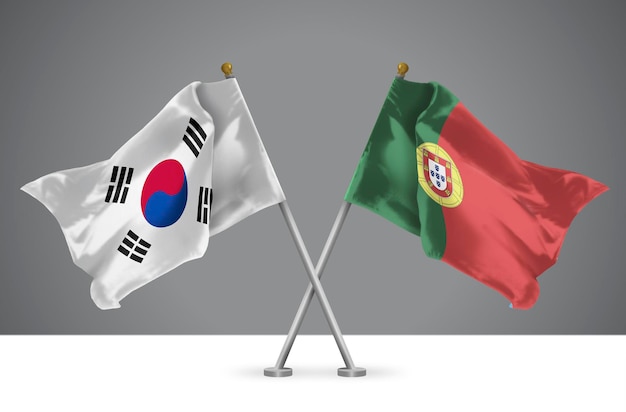 3D illustration of Two Crossed Flags of South Korea and Portugal