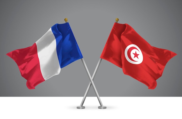 Illustrazione 3d di due bandiere incrociate di tunisia e francia