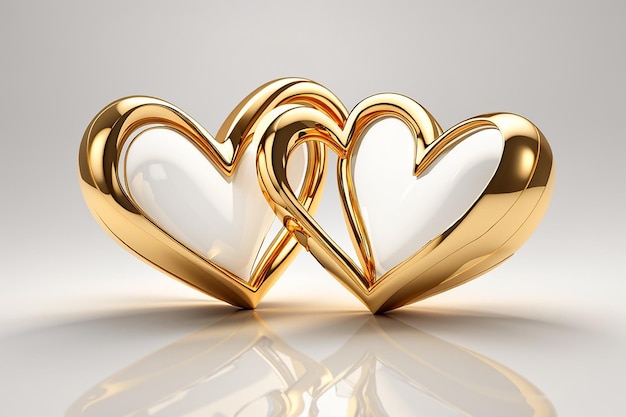 3d illustration of two gold hearts isolated on white