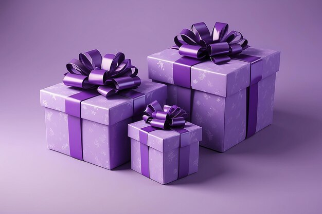 3d illustration of two purple gift boxes with bows and ribbons isolated on purple background
