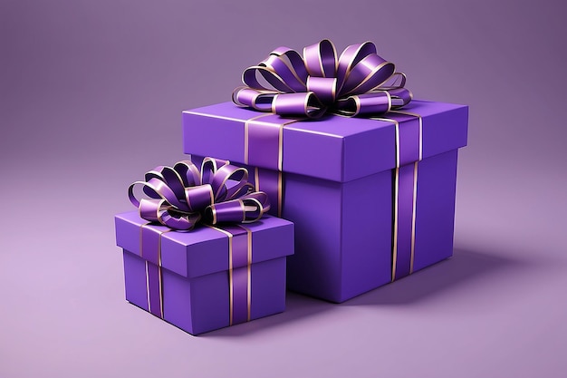 Photo 3d illustration of two purple gift boxes with bows and ribbons isolated on purple background