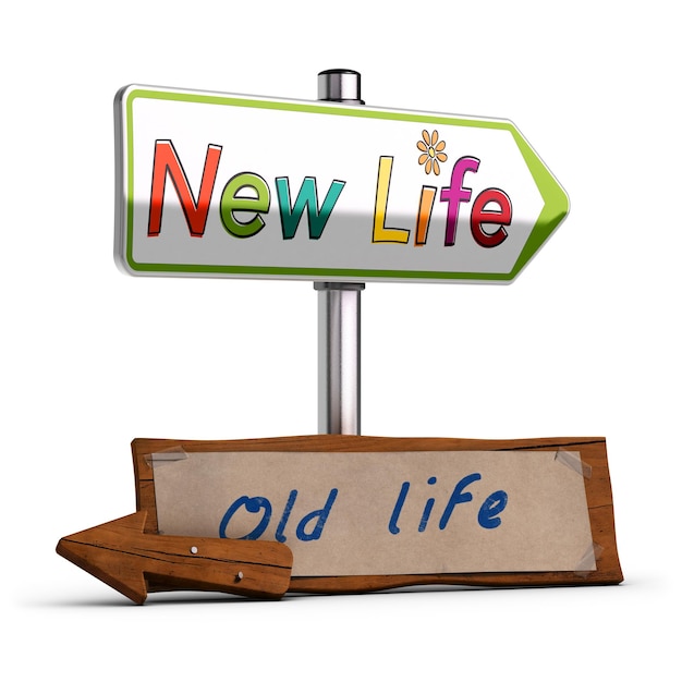 3D illustration of two road signs, with the text new life and old life over white backround. Concept image to illustrate change decision or retirement.