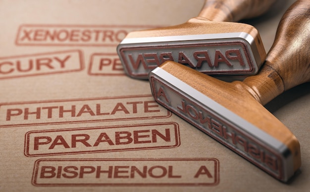 3d illustration of two rubber stamps with the words paraben, bisphenol a and phthalate printed on paper background. endocrine disruptors concept.