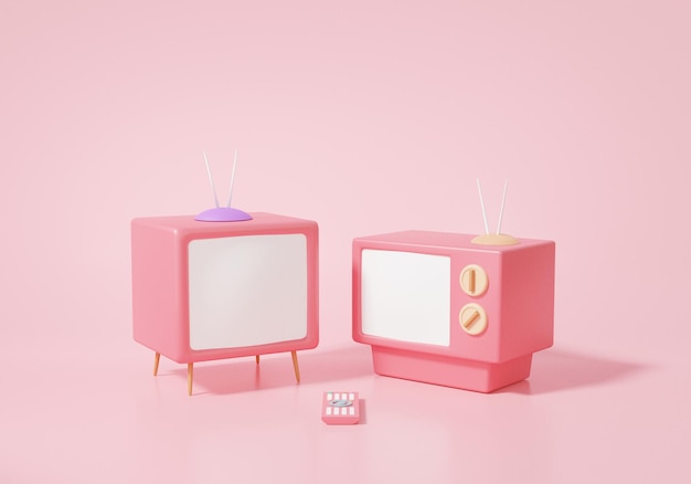 3D 그림 두 개의 빈티지 TV 흰색 화면 원격 제어 만화 분홍색 배경 미디어 연결 배너 복사 공간에 최소한의 스타일