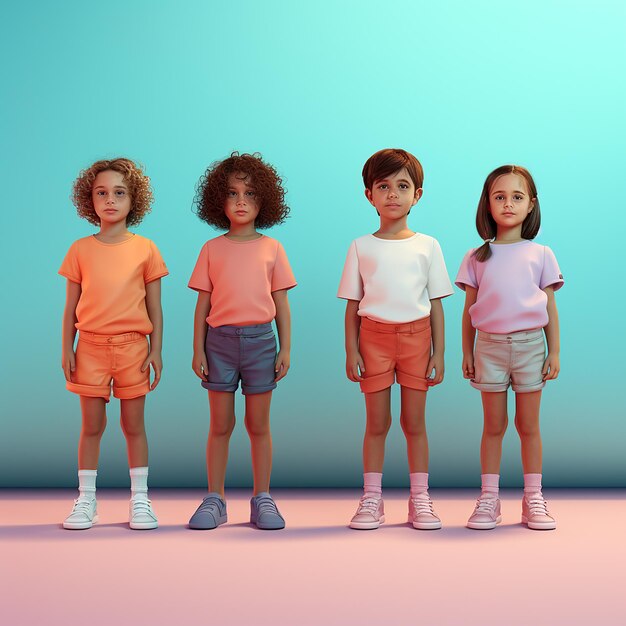 3D illustration two years old children stand in front of colored background realistic outfits