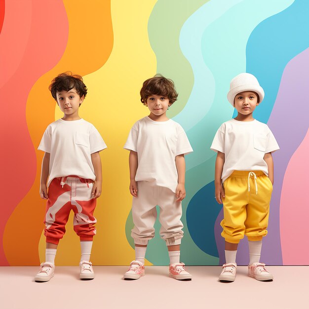 3D illustration two years old children stand in front of colored background realistic outfits