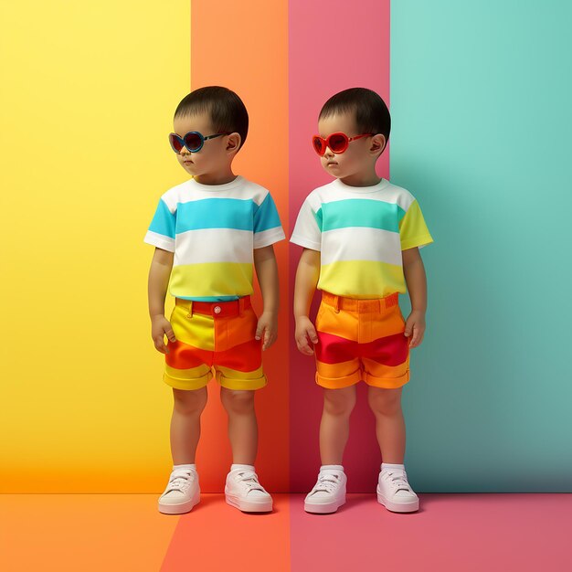 Foto illustrazione 3d bambini di due anni in piedi di fronte a uno sfondo colorato abiti realistici